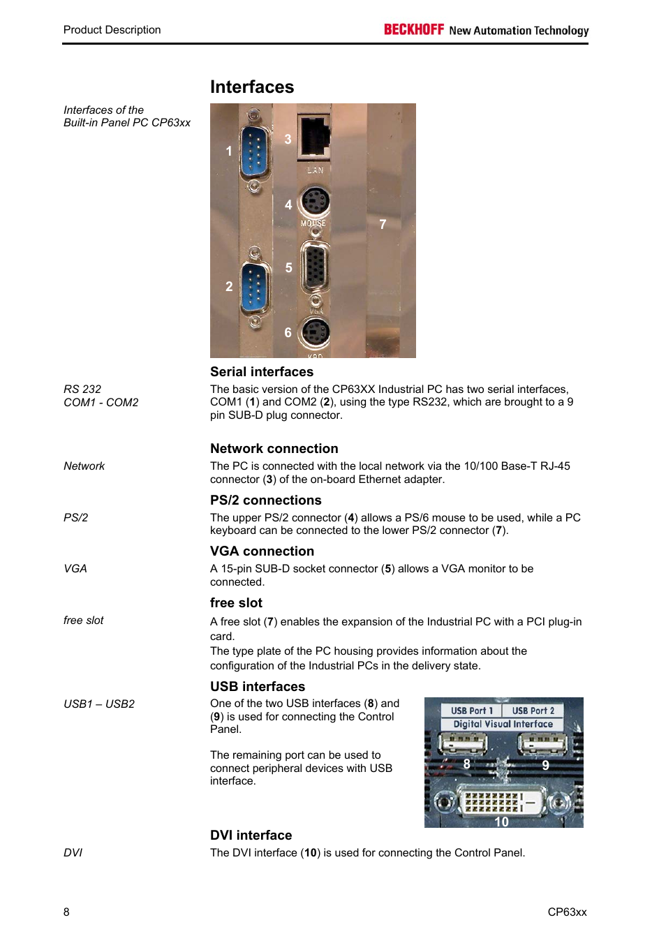 Interfaces, Serial interfaces, Network connection | Ps/2 connections, Vga connection, Free slot, Usb interfaces, Dvi interface, Interfaces 8 | BECKHOFF CP63xx User Manual | Page 10 / 27