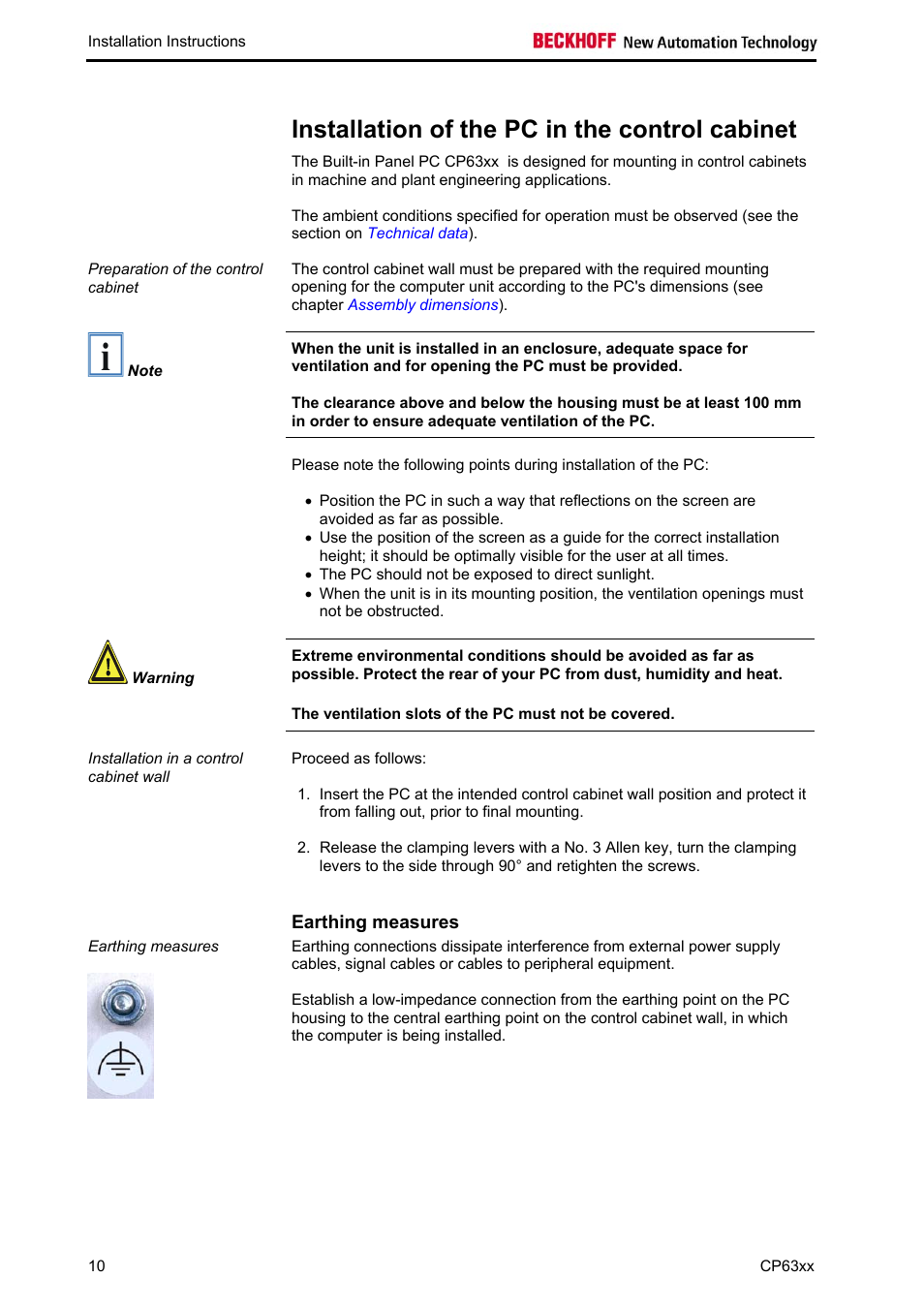 Installation of the pc in the control cabinet, Earthing measures | BECKHOFF CP63xx User Manual | Page 12 / 27