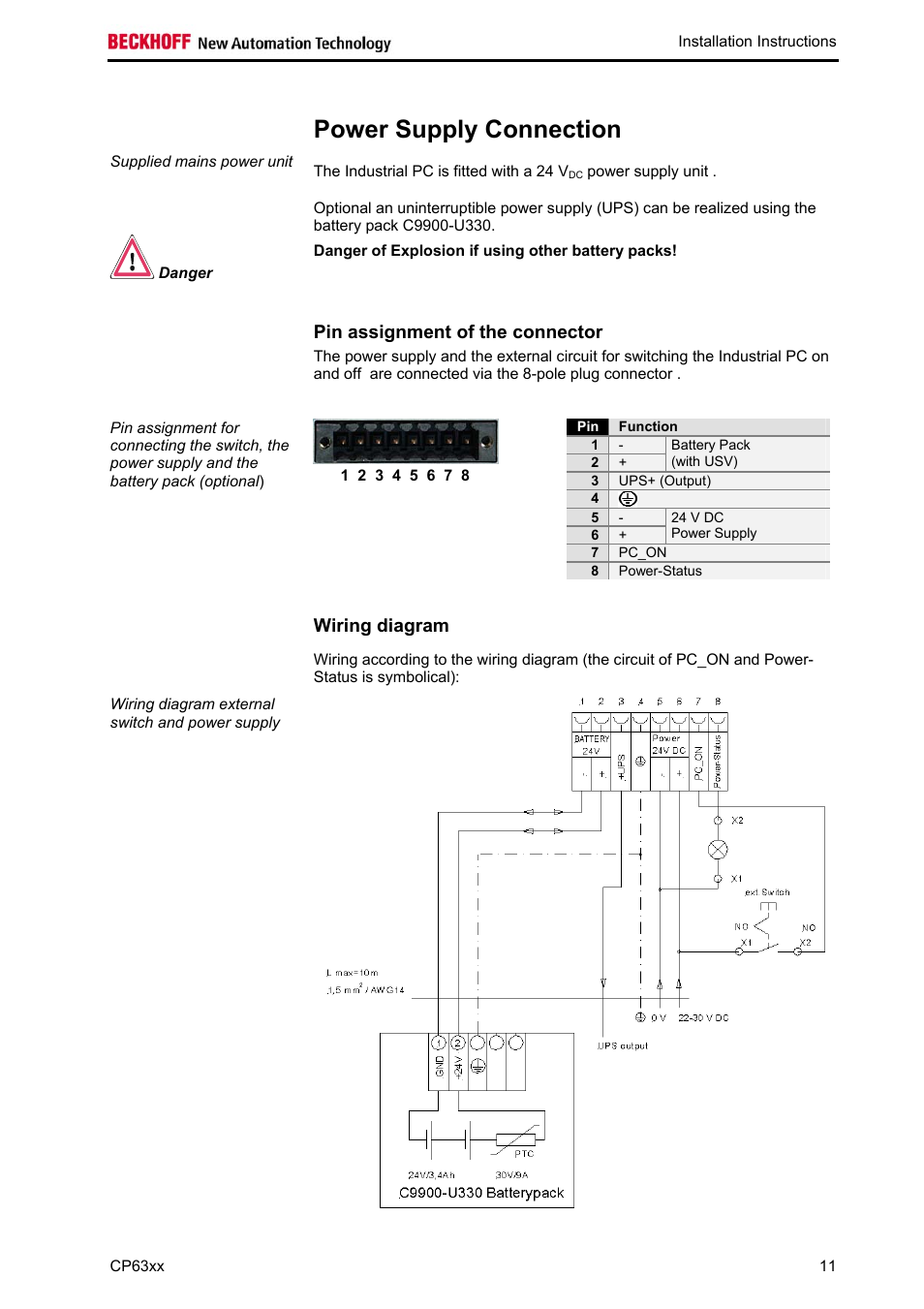 Power supply connection, Pin assignment of the connector, Wiring diagram | BECKHOFF CP63xx User Manual | Page 13 / 27