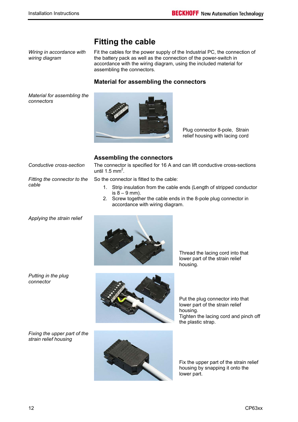 Fitting the cable, Material for assembling the connectors, Assembling the connectors | BECKHOFF CP63xx User Manual | Page 14 / 27