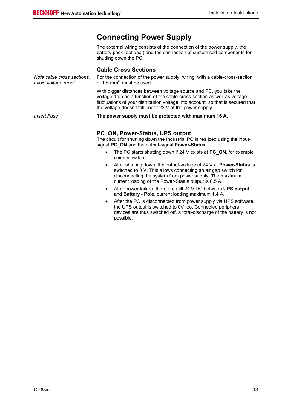 Connecting power supply, Cable cross sections, Pc_on, power-status, ups output | BECKHOFF CP63xx User Manual | Page 15 / 27