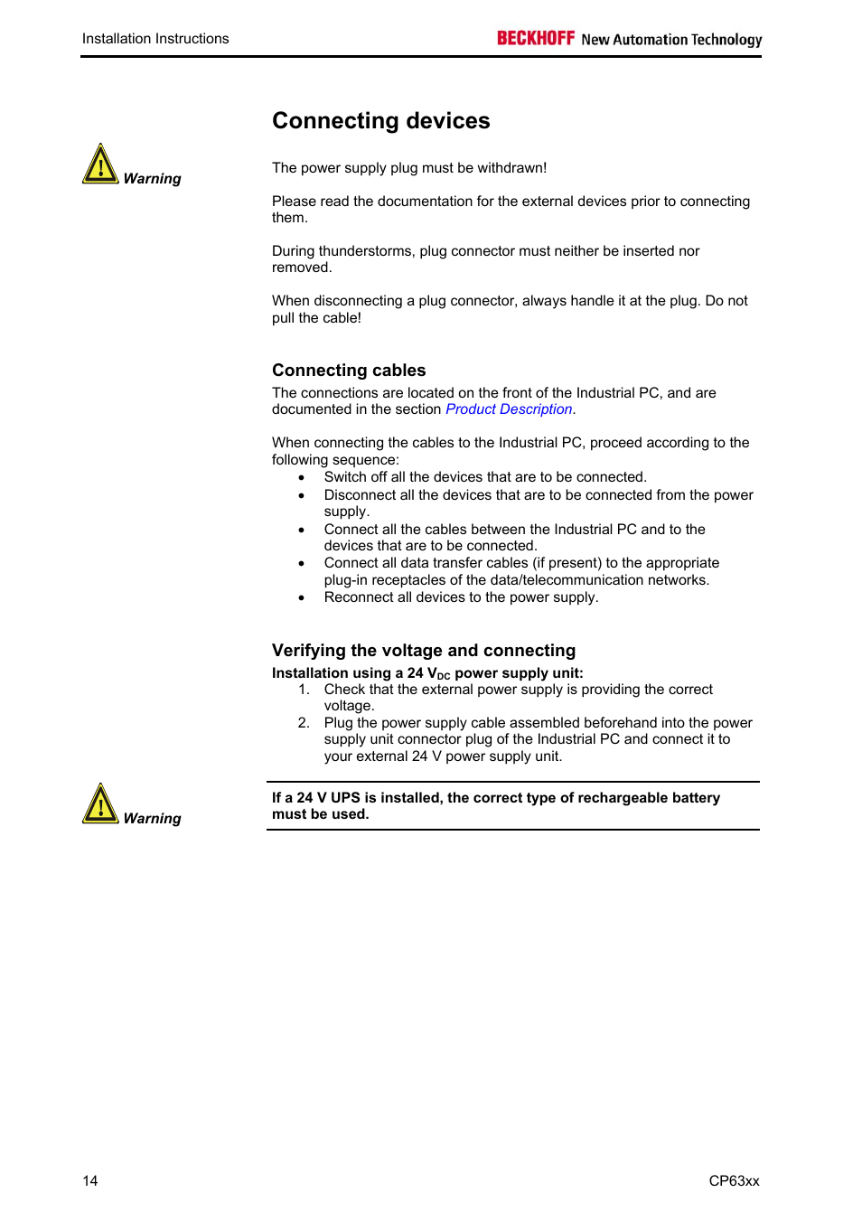 Connecting devices, Connecting cables, Verifying the voltage and connecting | BECKHOFF CP63xx User Manual | Page 16 / 27