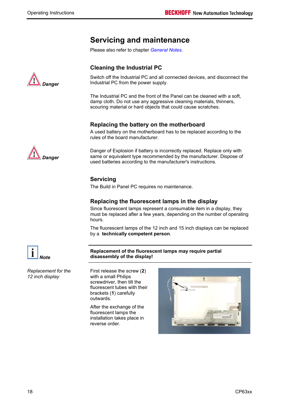 Servicing and maintenance, Cleaning the industrial pc, Replacing the battery on the motherboard | Servicing, Replacing the fluorescent lamps in the display | BECKHOFF CP63xx User Manual | Page 20 / 27