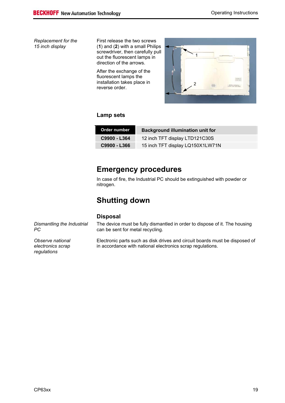 Lamp sets, Emergency procedures, Shutting down | Disposal | BECKHOFF CP63xx User Manual | Page 21 / 27