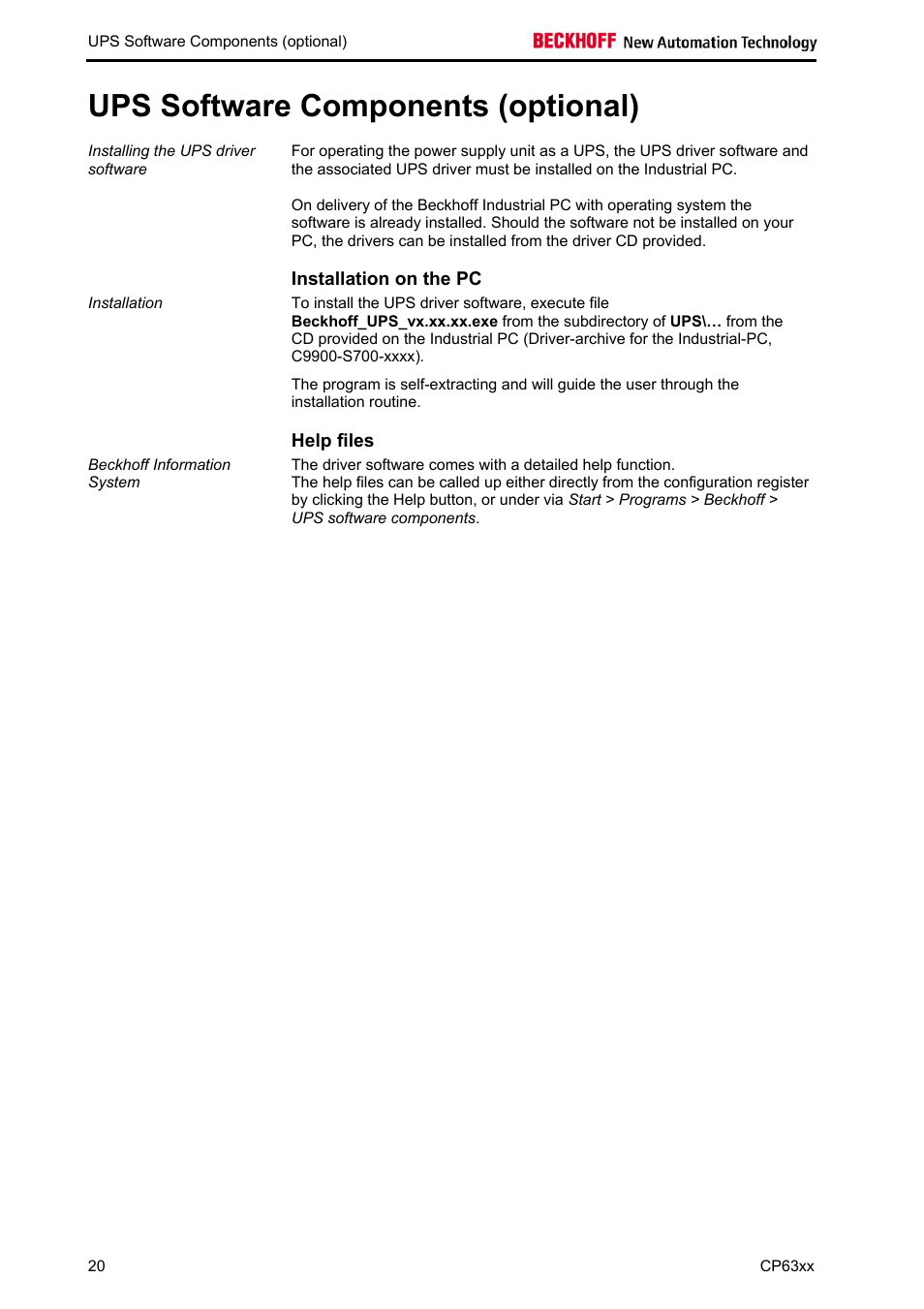 Ups software components (optional), Installation on the pc, Help files | BECKHOFF CP63xx User Manual | Page 22 / 27