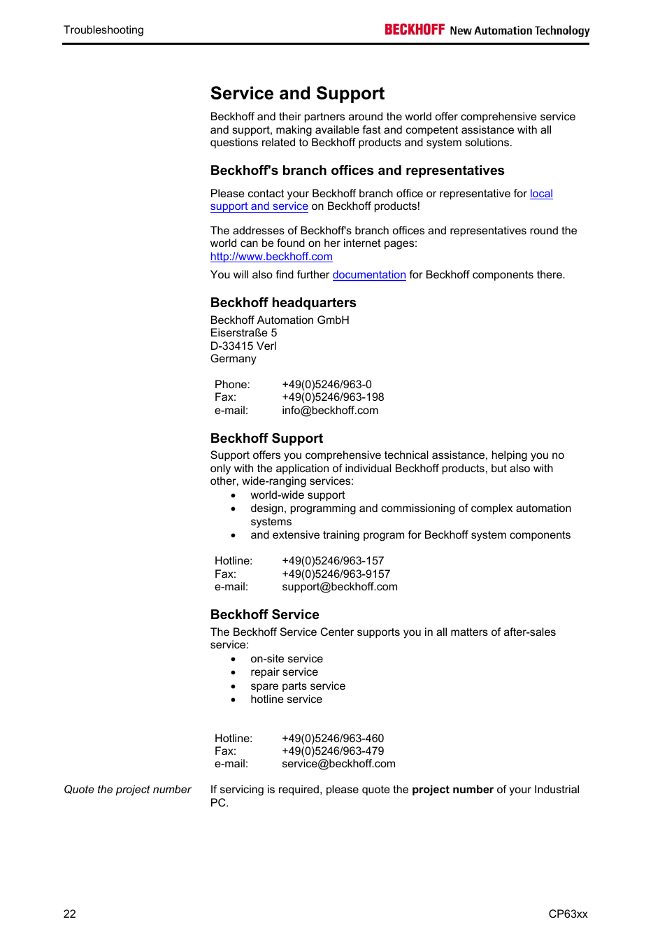 Service and support, Beckhoff's branch offices and representatives, Beckhoff headquarters | Beckhoff support, Beckhoff service | BECKHOFF CP63xx User Manual | Page 24 / 27