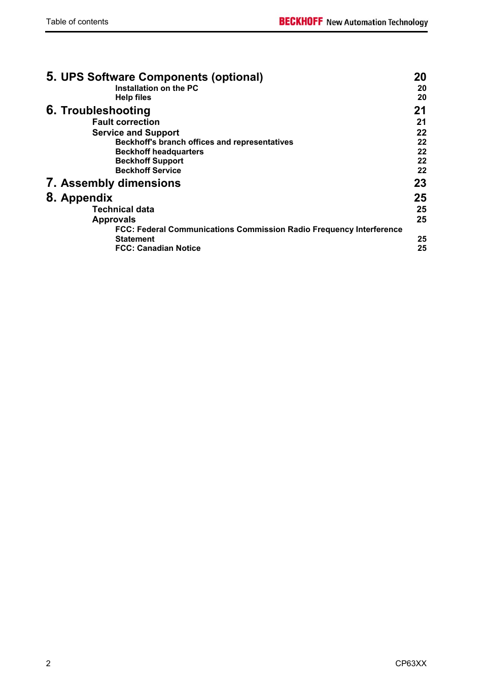 Ups software components (optional) 20, Troubleshooting 21, Assembly dimensions 23 | Appendix 25 | BECKHOFF CP63xx User Manual | Page 4 / 27