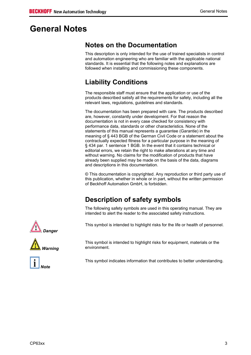 General notes, Notes on the documentation, Liability conditions | Description of safety symbols | BECKHOFF CP63xx User Manual | Page 5 / 27