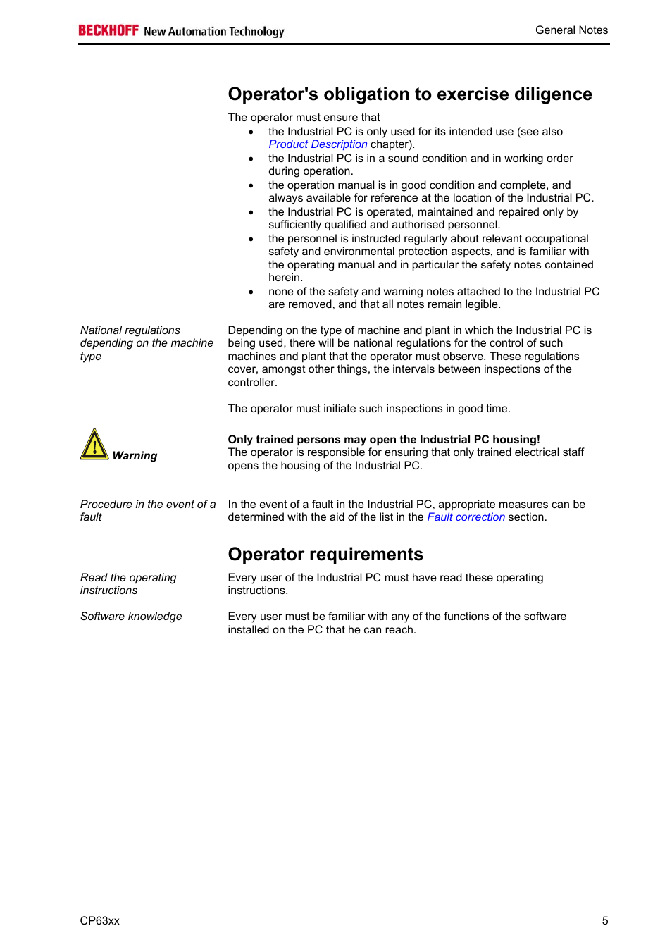 Operator's obligation to exercise diligence, Operator requirements | BECKHOFF CP63xx User Manual | Page 7 / 27