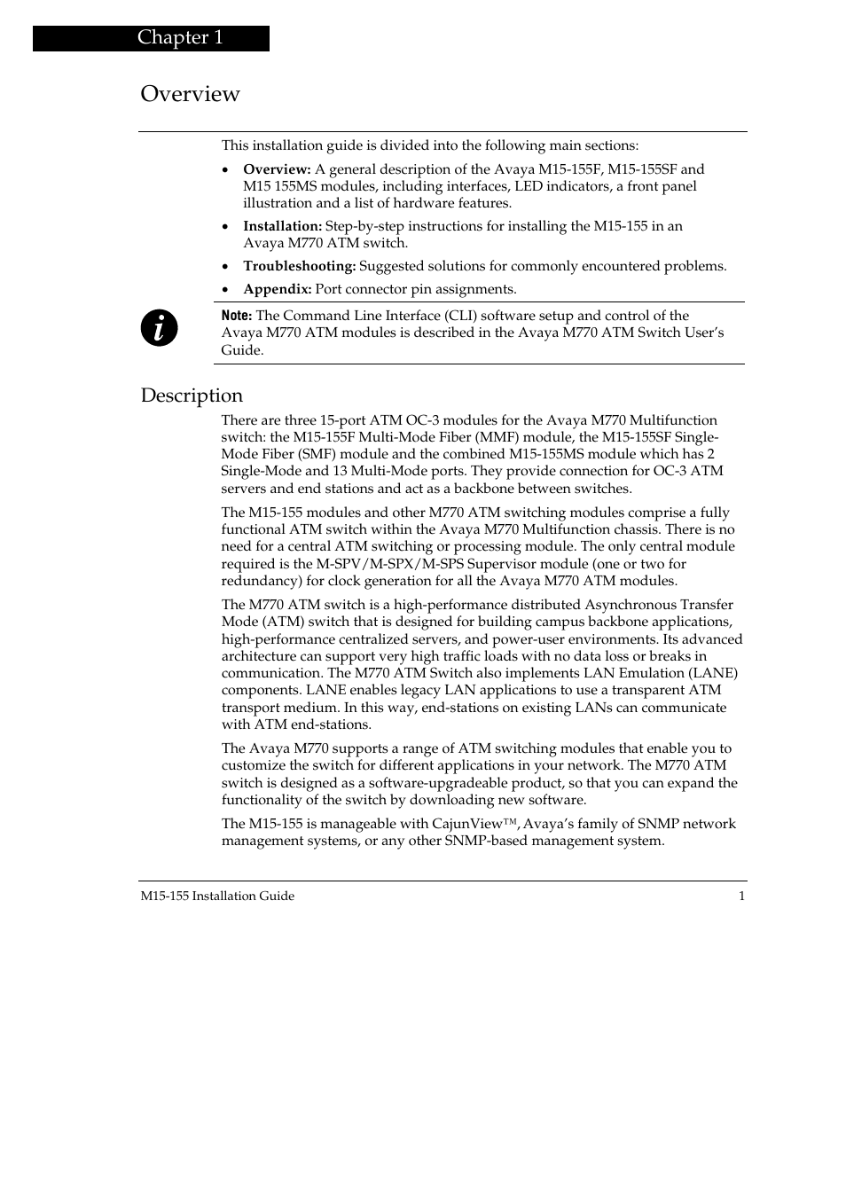 Overview, Chapter 1, Description | Avaya M15-155 User Manual | Page 3 / 14