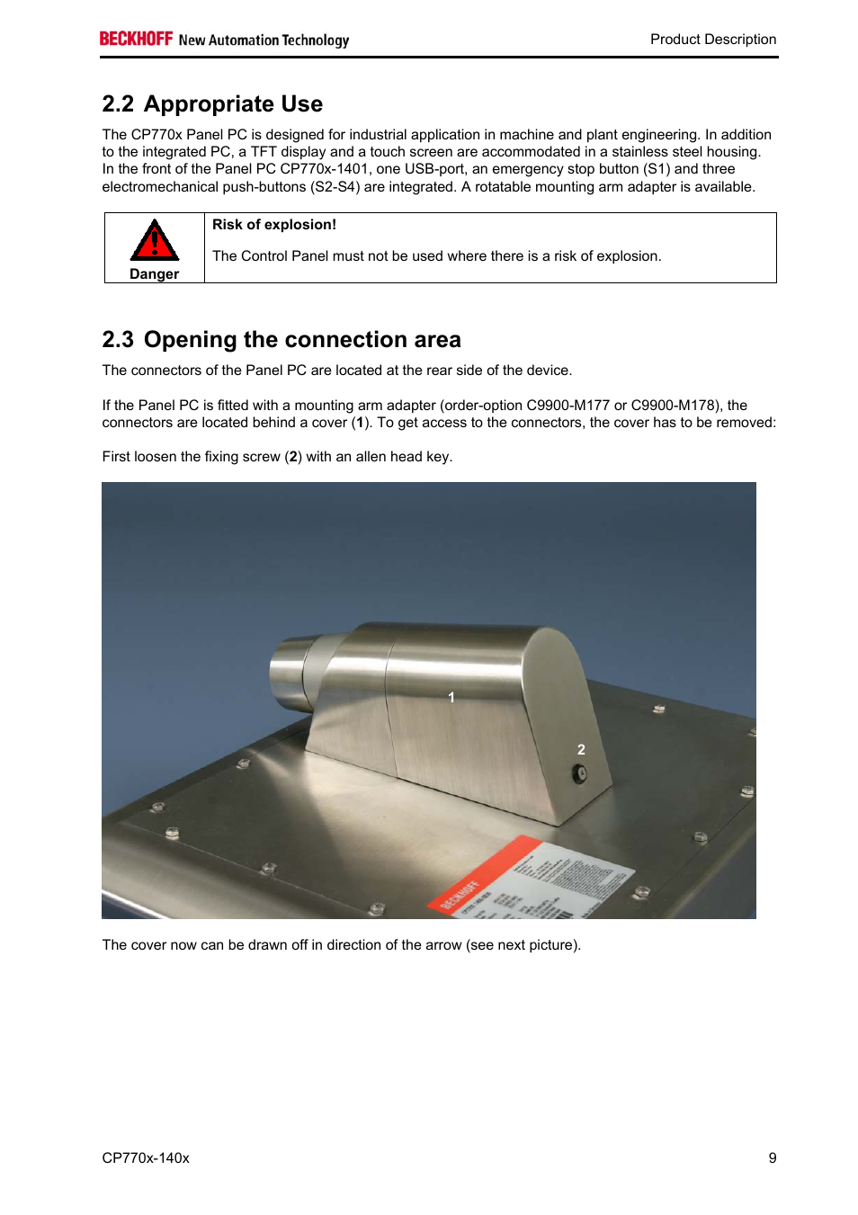 Appropriate use, Opening the connection area, 2 appropriate use | 3 opening the connection area | BECKHOFF CP770x-140x User Manual | Page 11 / 38