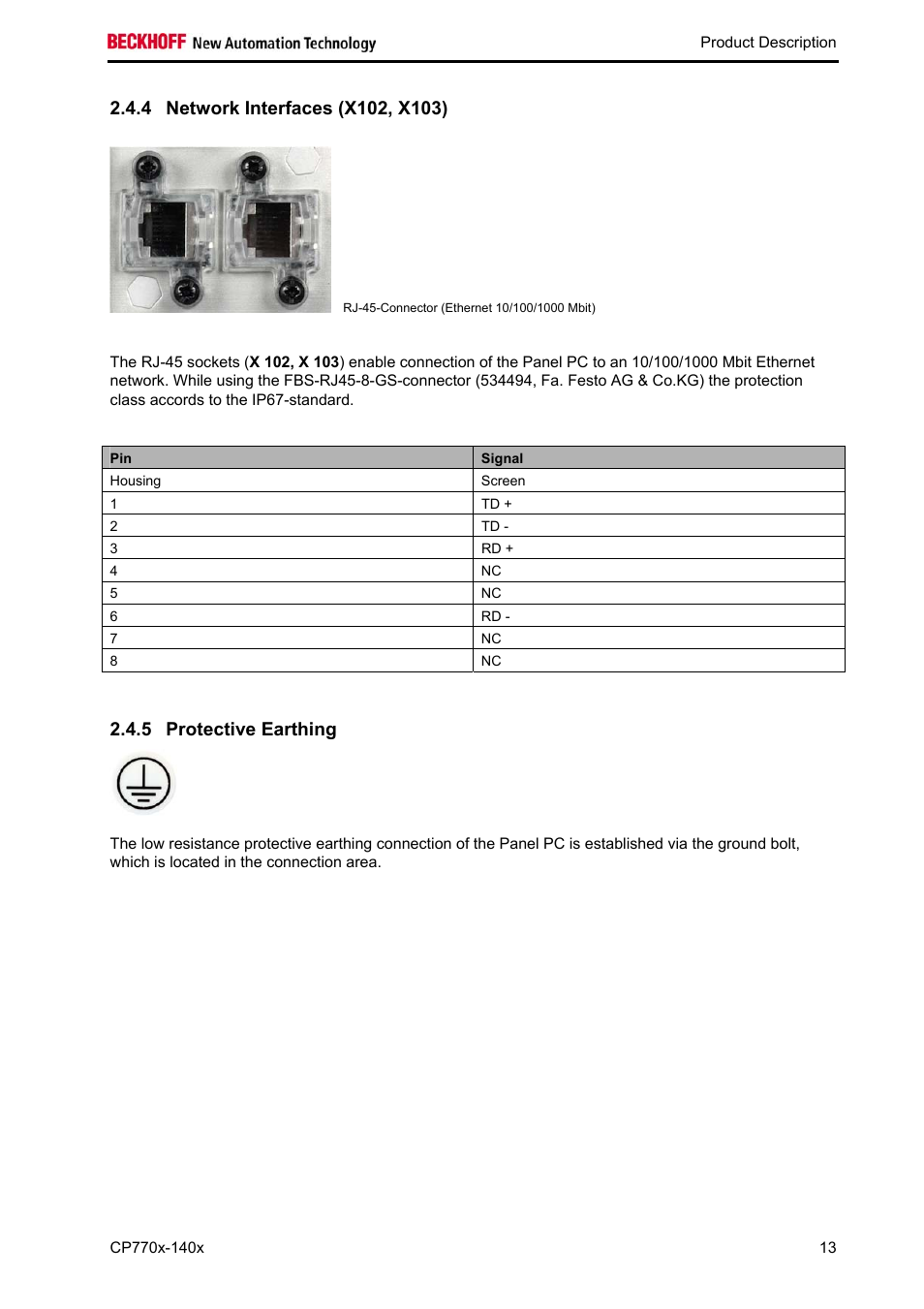 Network interfaces (x102, x103), Protective earthing, 5 protective earthing | BECKHOFF CP770x-140x User Manual | Page 15 / 38