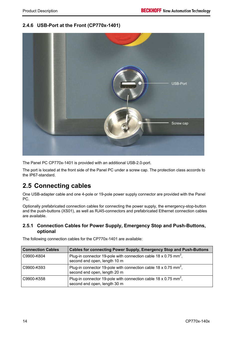 Usb-port at the front (cp770x-1401), Connecting cables, 5 connecting cables | BECKHOFF CP770x-140x User Manual | Page 16 / 38