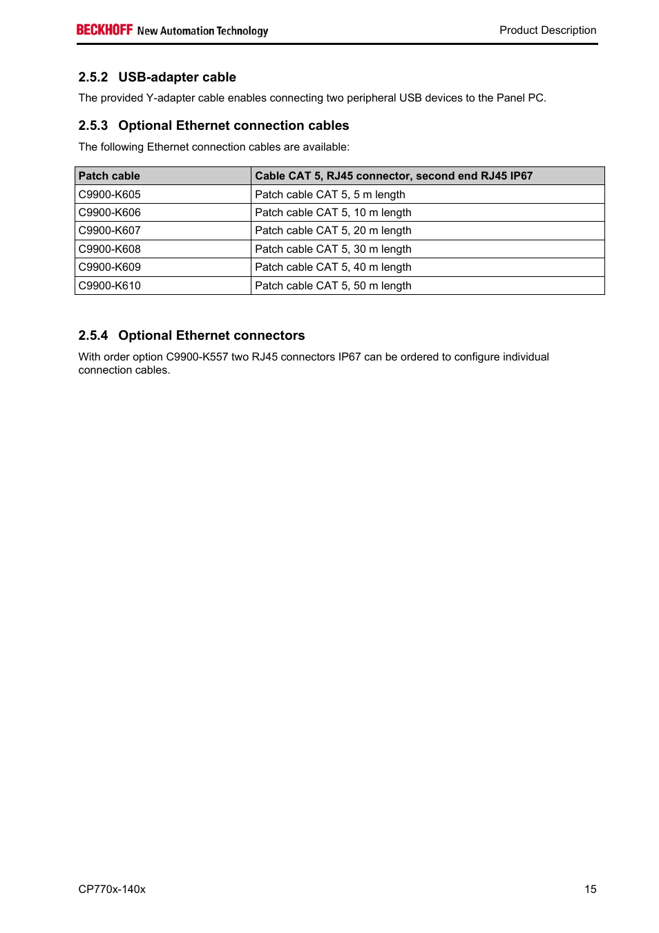 Usb-adapter cable, Optional ethernet connection cables, Optional ethernet connectors | BECKHOFF CP770x-140x User Manual | Page 17 / 38