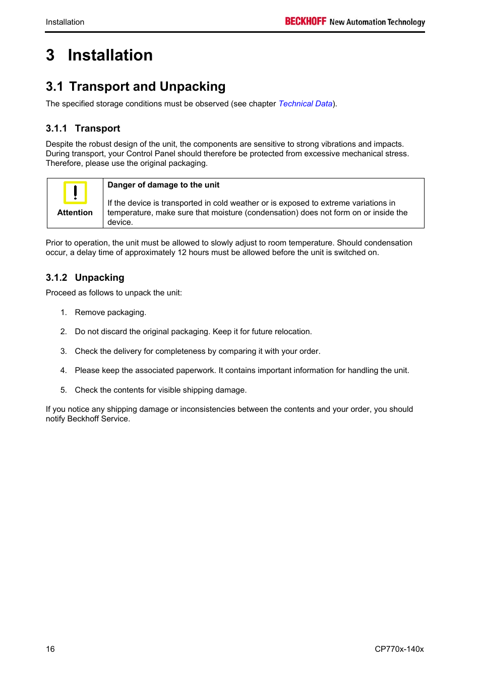 Installation, Transport and unpacking, Transport | Unpacking, Installation 16, Unpacking 16, 3 installation, 1 transport and unpacking | BECKHOFF CP770x-140x User Manual | Page 18 / 38