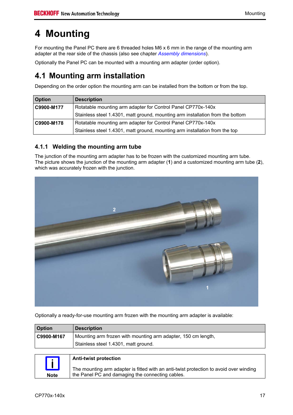 Mounting, Mounting arm installation, Welding the mounting arm tube | Mounting 17, 4 mounting, 1 mounting arm installation | BECKHOFF CP770x-140x User Manual | Page 19 / 38