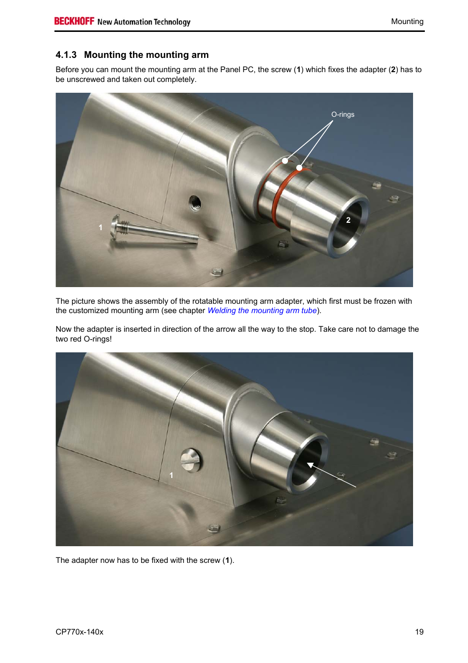 Mounting the mounting arm, 3 mounting the mounting arm | BECKHOFF CP770x-140x User Manual | Page 21 / 38