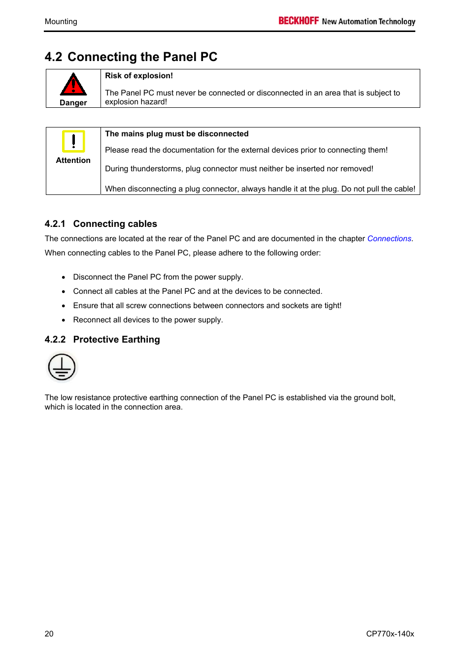 Connecting the panel pc, Connecting cables, Protective earthing | 2 connecting the panel pc | BECKHOFF CP770x-140x User Manual | Page 22 / 38