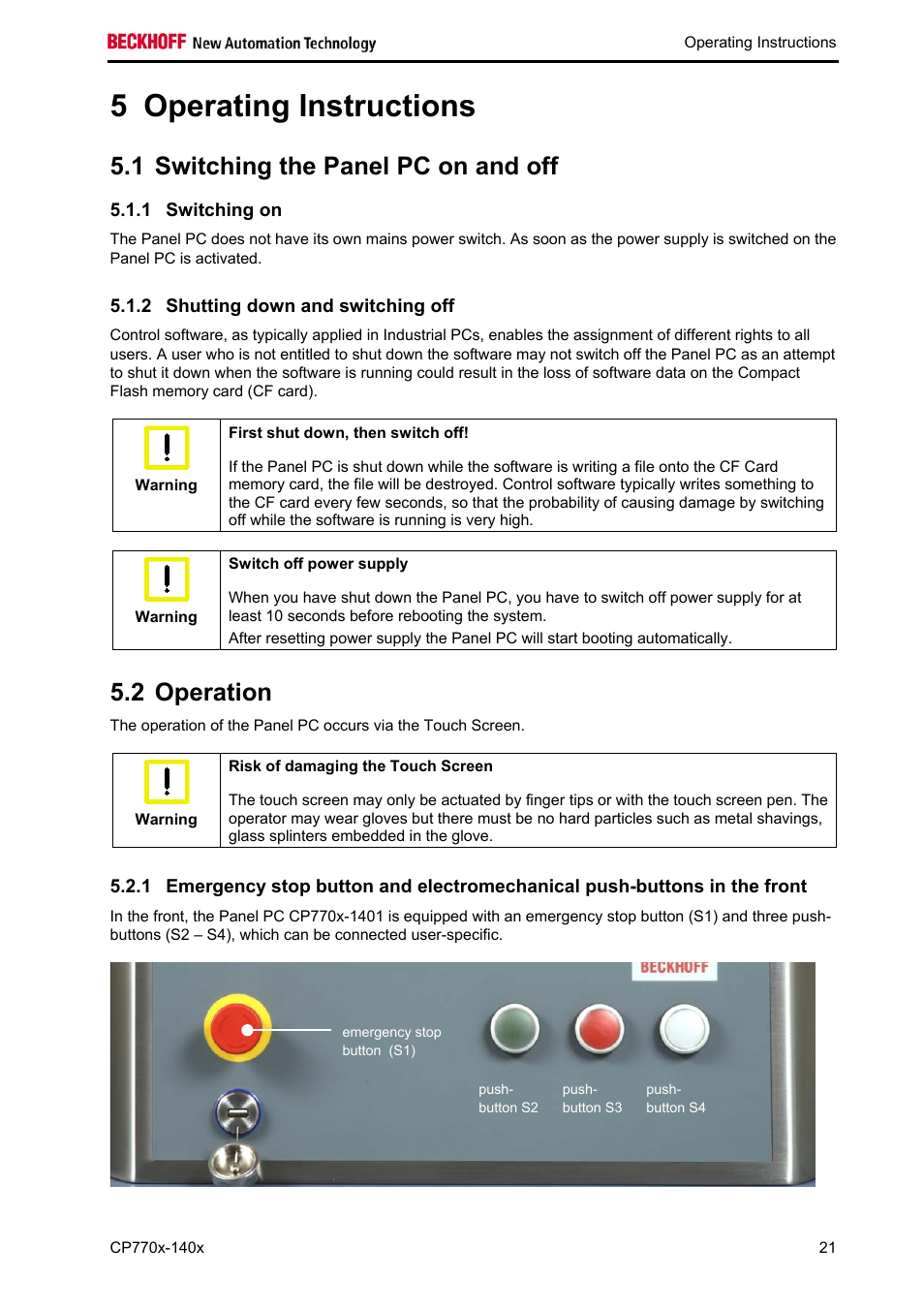 Operating instructions, Switching the panel pc on and off, Switching on | Shutting down and switching off, Operation, Operation 21, 5 operating instructions, 1 switching the panel pc on and off, 2 operation | BECKHOFF CP770x-140x User Manual | Page 23 / 38