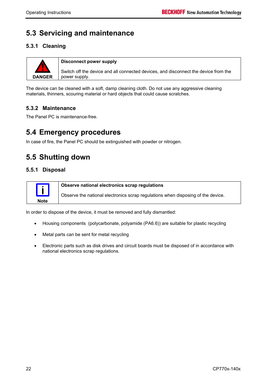 Servicing and maintenance, Cleaning, Maintenance | Emergency procedures, Shutting down, Disposal, Maintenance 22, 3 servicing and maintenance, 4 emergency procedures, 5 shutting down | BECKHOFF CP770x-140x User Manual | Page 24 / 38