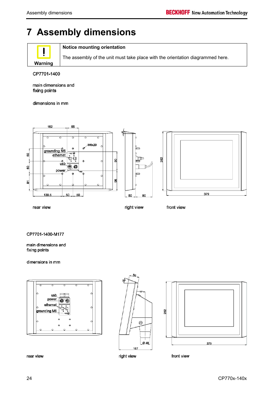 Assembly dimensions, 7 assembly dimensions | BECKHOFF CP770x-140x User Manual | Page 26 / 38