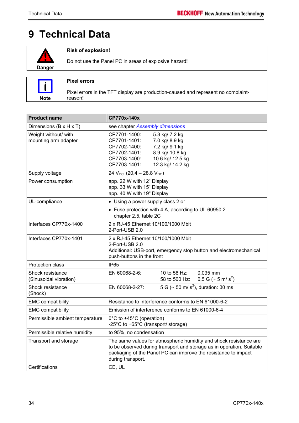 Technical data, 9 technical data | BECKHOFF CP770x-140x User Manual | Page 36 / 38