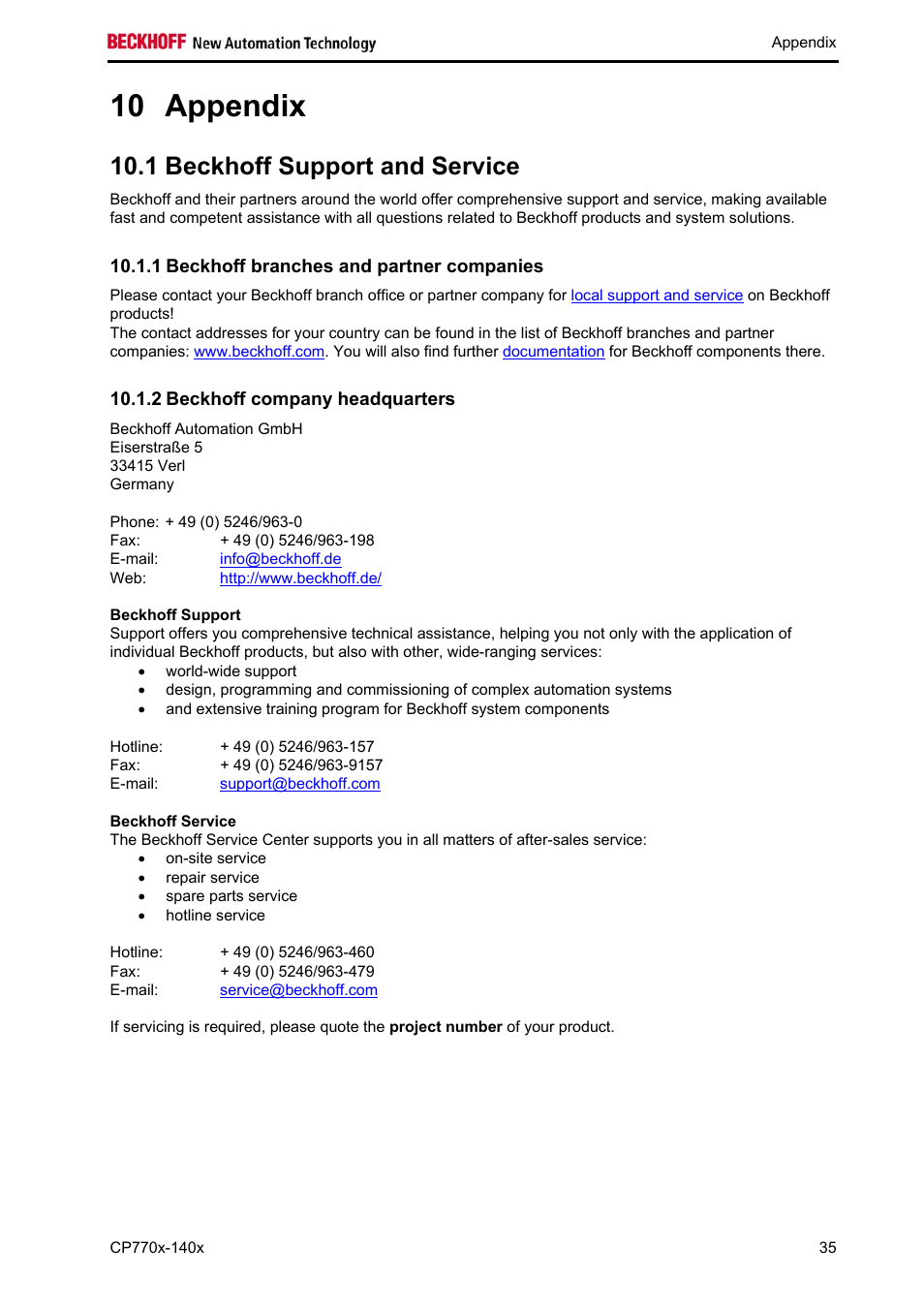 Appendix, Beckhoff support and service, Beckhoff branches and partner companies | Beckhoff company headquarters, Beckhoff support, Beckhoff service, Appendix 35, 10 appendix, 1 beckhoff support and service | BECKHOFF CP770x-140x User Manual | Page 37 / 38