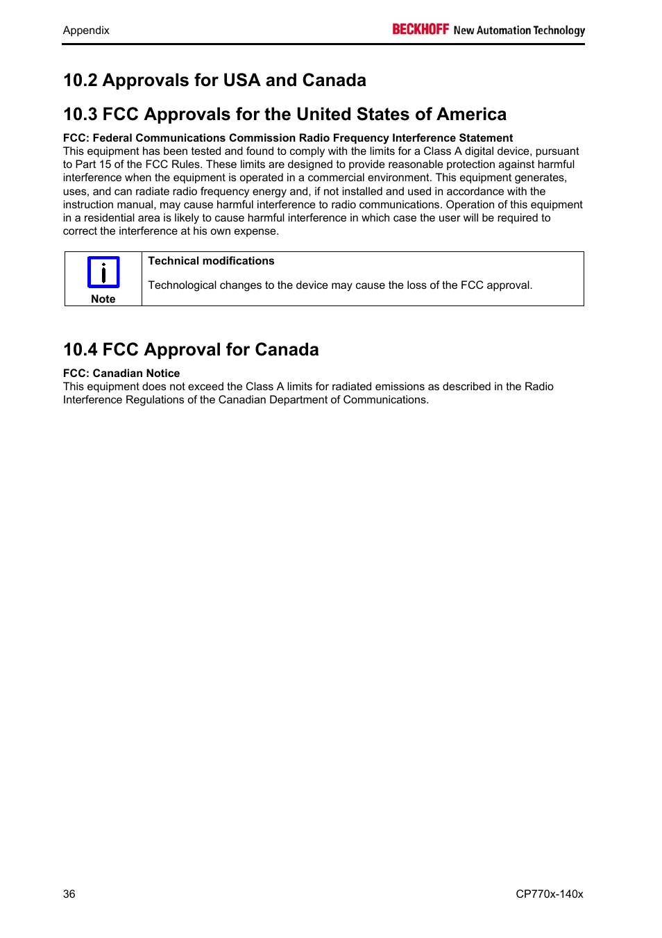 Approvals for usa and canada, Fcc approvals for the united states of america, Fcc approval for canada | Fcc: canadian notice, 4 fcc approval for canada | BECKHOFF CP770x-140x User Manual | Page 38 / 38