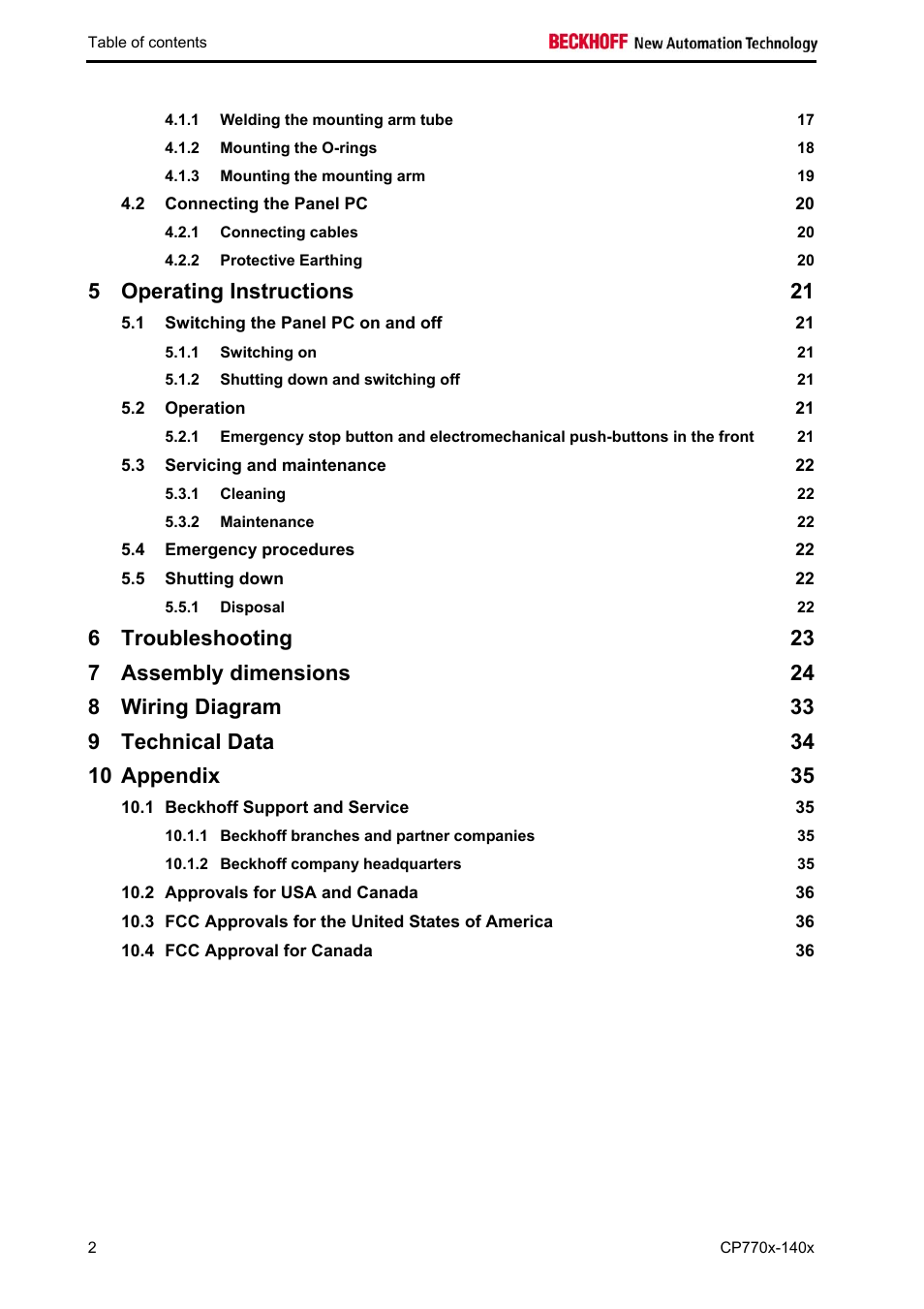 Operating instructions 21, Troubleshooting 23, Assembly dimensions 24 | Wiring diagram 33, Technical data 34, Appendix 35 | BECKHOFF CP770x-140x User Manual | Page 4 / 38