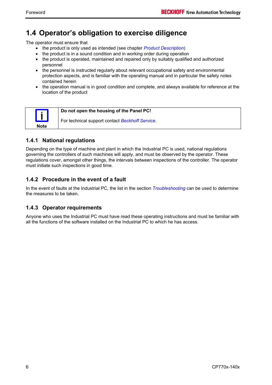 Operator’s obligation to exercise diligence, National regulations, Procedure in the event of a fault | Operator requirements, 4 operator’s obligation to exercise diligence | BECKHOFF CP770x-140x User Manual | Page 8 / 38