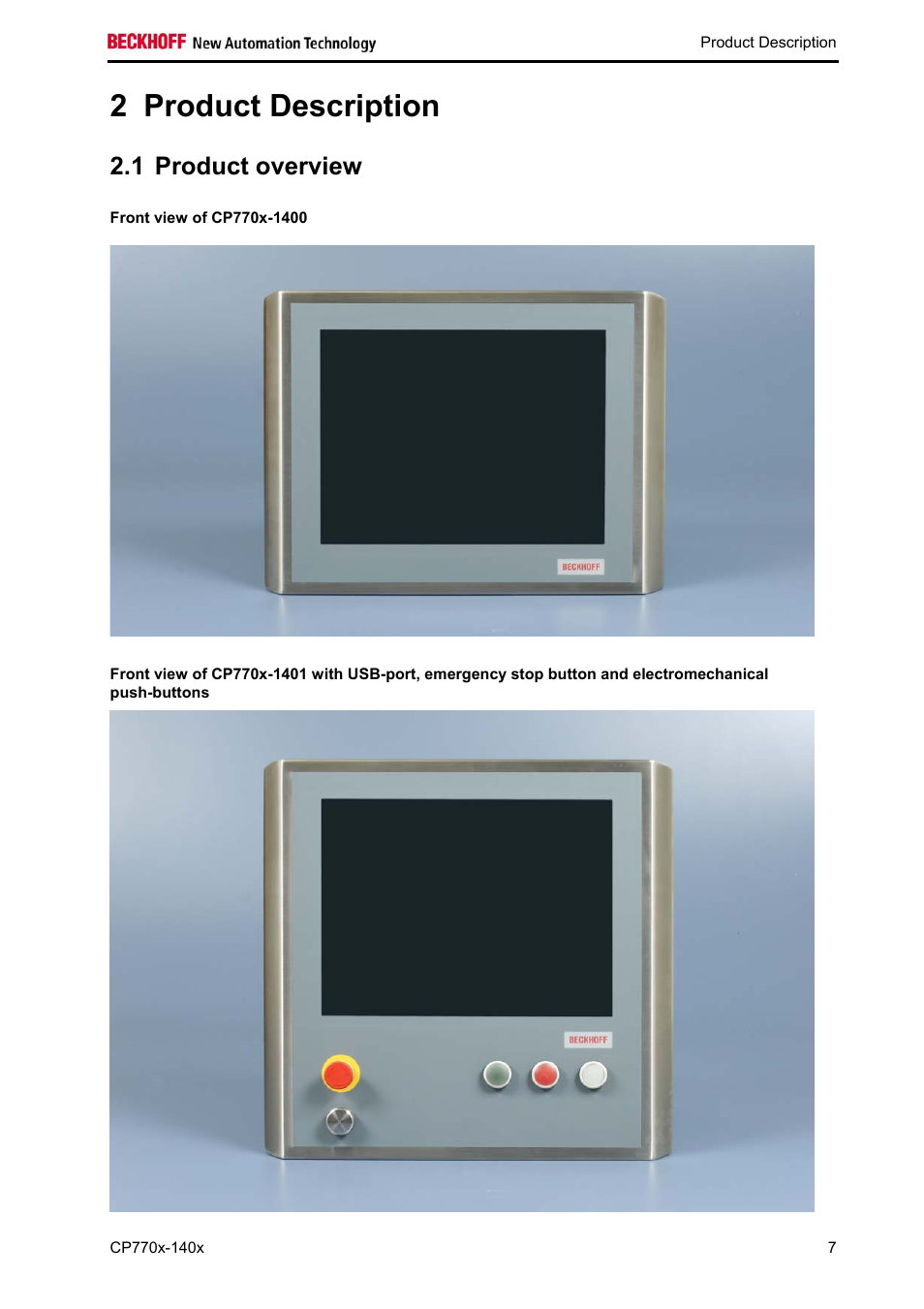 Product description, Product overview, Front view of cp770x-1400 | 2 product description, 1 product overview | BECKHOFF CP770x-140x User Manual | Page 9 / 38