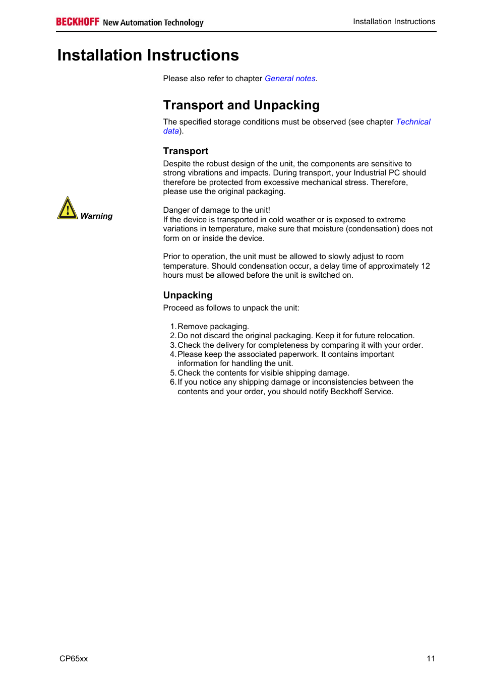 Installation instructions, Transport and unpacking, Transport | Unpacking, Unpacking 11 | BECKHOFF CP65xx User Manual | Page 13 / 27