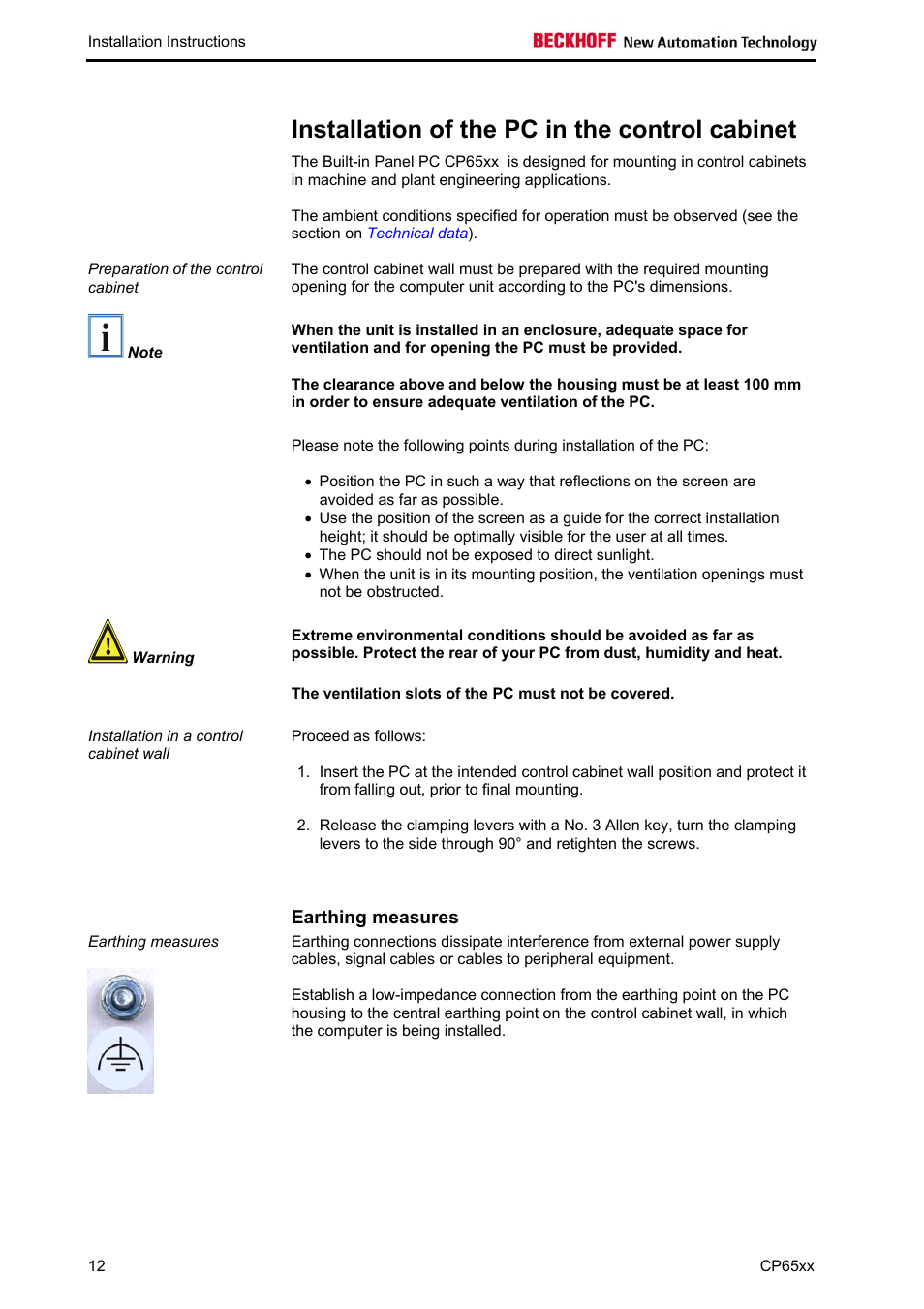 Installation of the pc in the control cabinet, Earthing measures | BECKHOFF CP65xx User Manual | Page 14 / 27