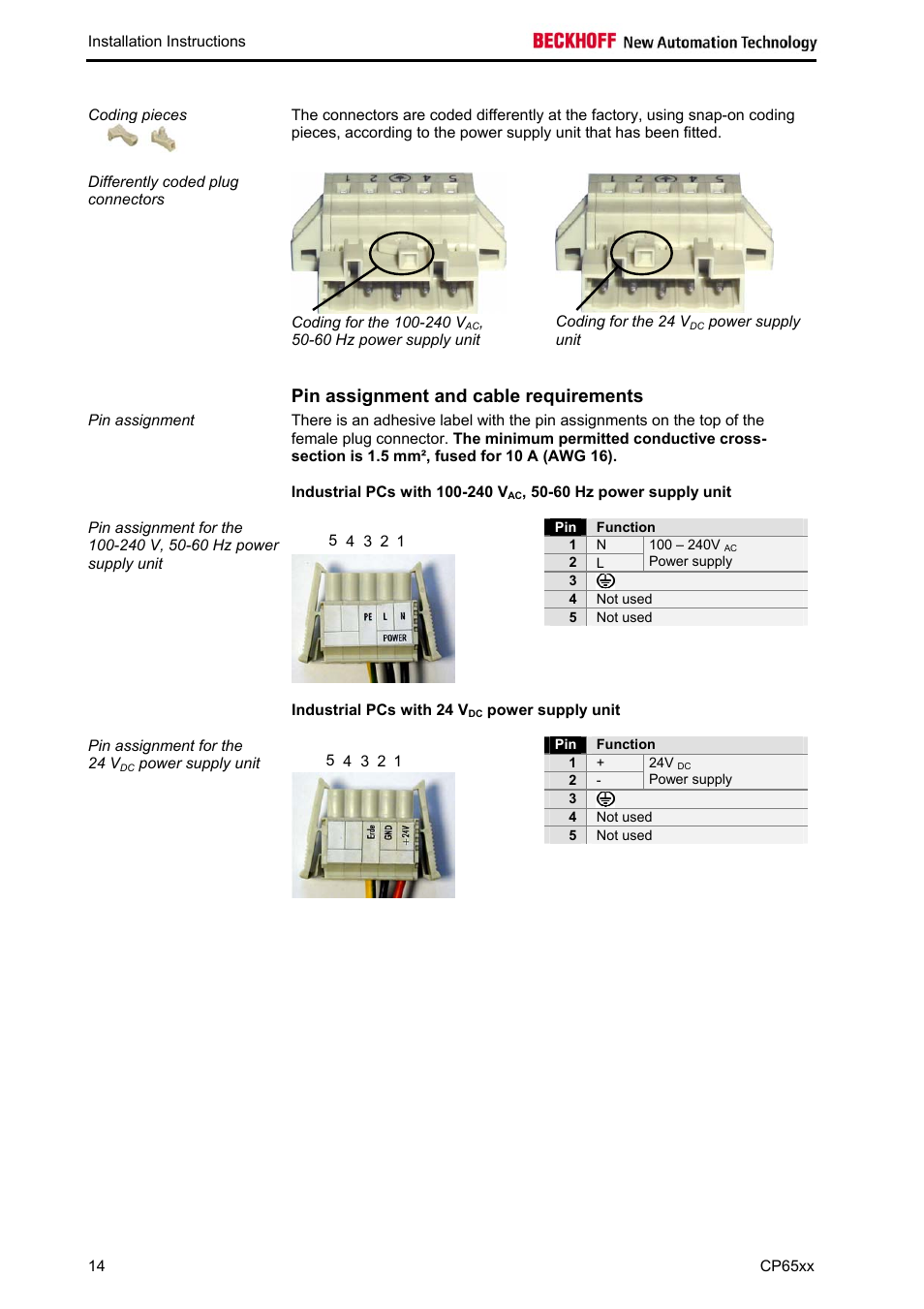 Pin assignment and cable requirements, Industrial pcs with 100-240 vac, 50-60 hz power, Industrial pcs with 24 vdc power supply unit | BECKHOFF CP65xx User Manual | Page 16 / 27