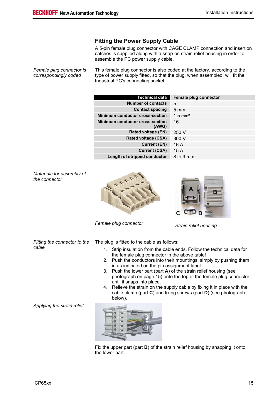 Fitting the power supply cable, Technical data, Female plug connector | Ab c d | BECKHOFF CP65xx User Manual | Page 17 / 27