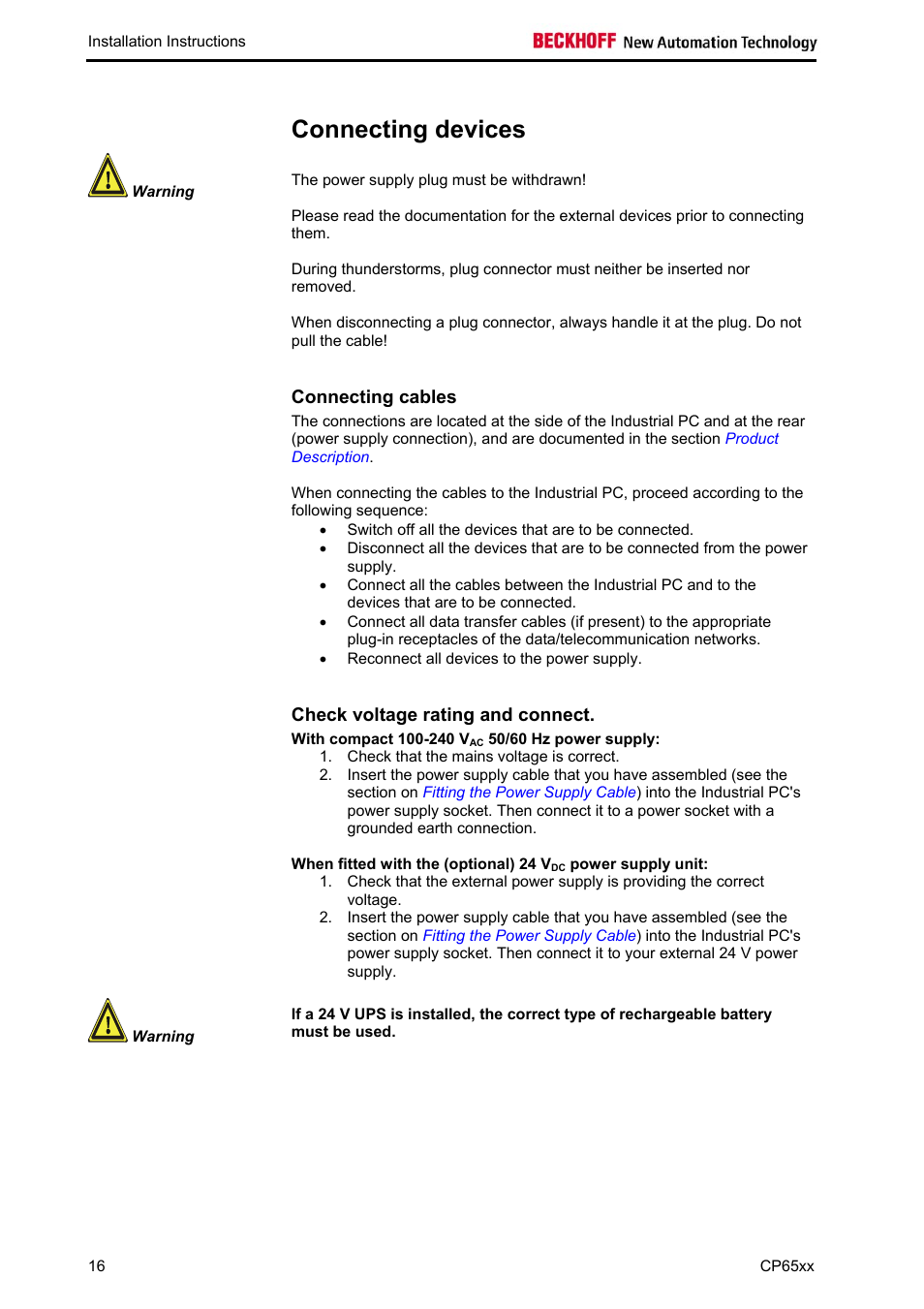 Connecting devices, Connecting cables, Check voltage rating and connect | BECKHOFF CP65xx User Manual | Page 18 / 27