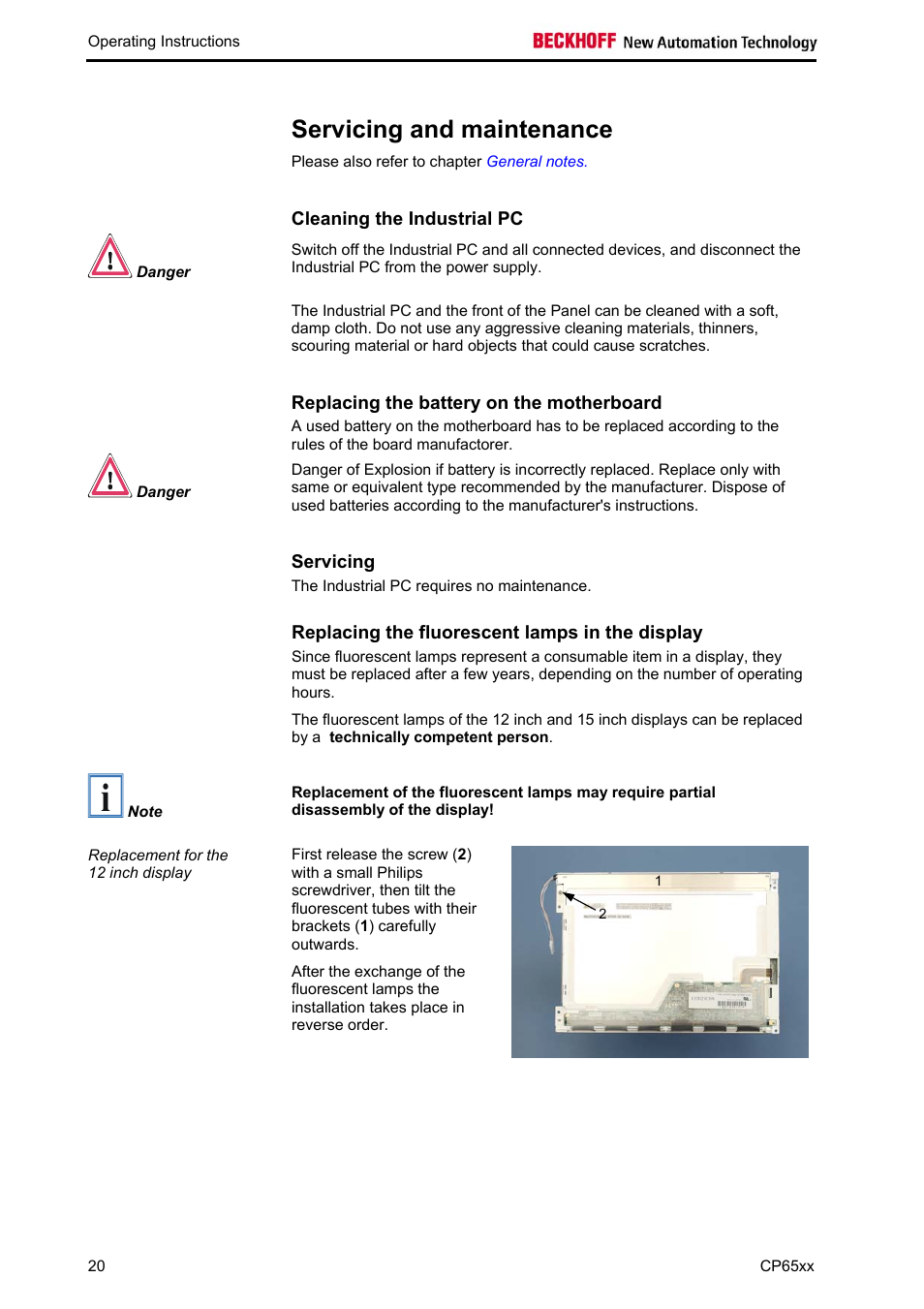 Servicing and maintenance, Cleaning the industrial pc, Replacing the battery on the motherboard | Servicing, Replacing the fluorescent lamps in the display | BECKHOFF CP65xx User Manual | Page 22 / 27