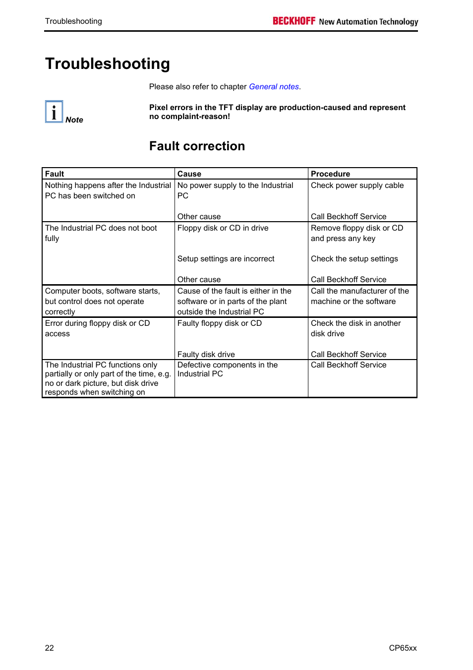 Troubleshooting, Fault correction, Troubleshooting 22 | Determined with the aid of the list in the, Sect | BECKHOFF CP65xx User Manual | Page 24 / 27