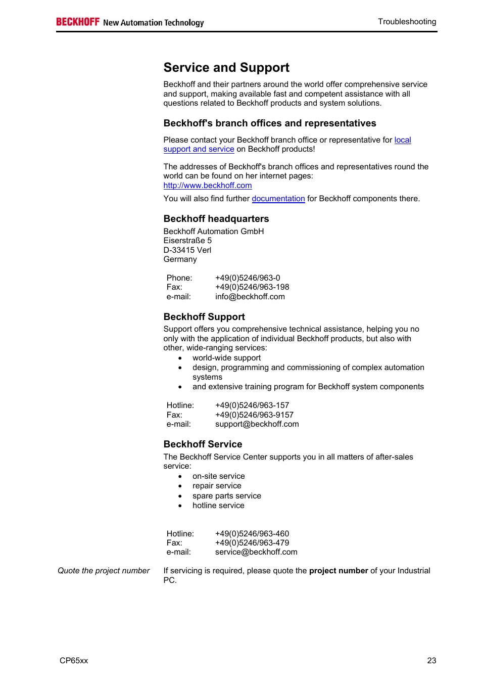 Service and support, Beckhoff's branch offices and representatives, Beckhoff headquarters | Beckhoff support, Beckhoff service | BECKHOFF CP65xx User Manual | Page 25 / 27