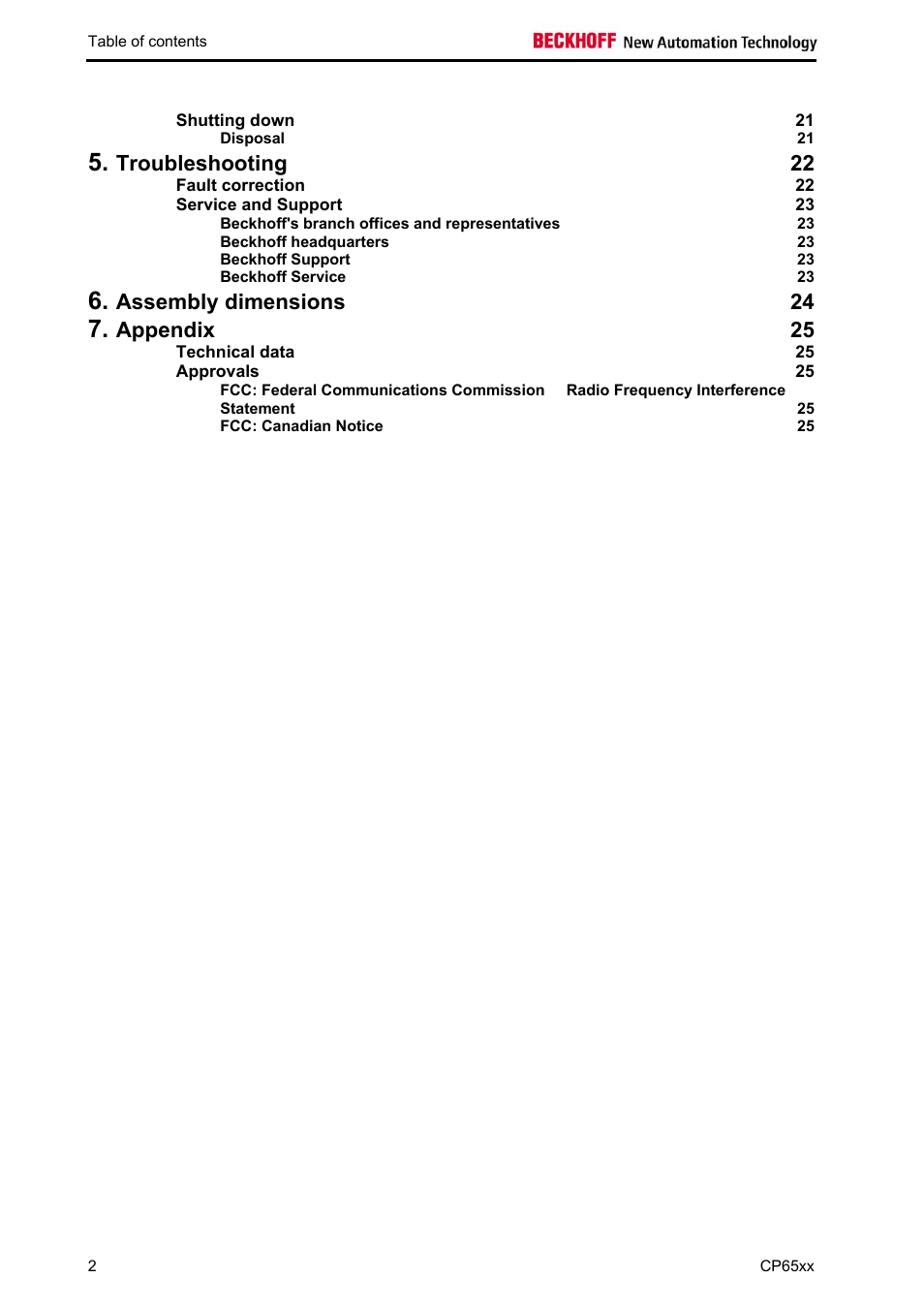 Troubleshooting 22, Assembly dimensions 24, Appendix 25 | BECKHOFF CP65xx User Manual | Page 4 / 27