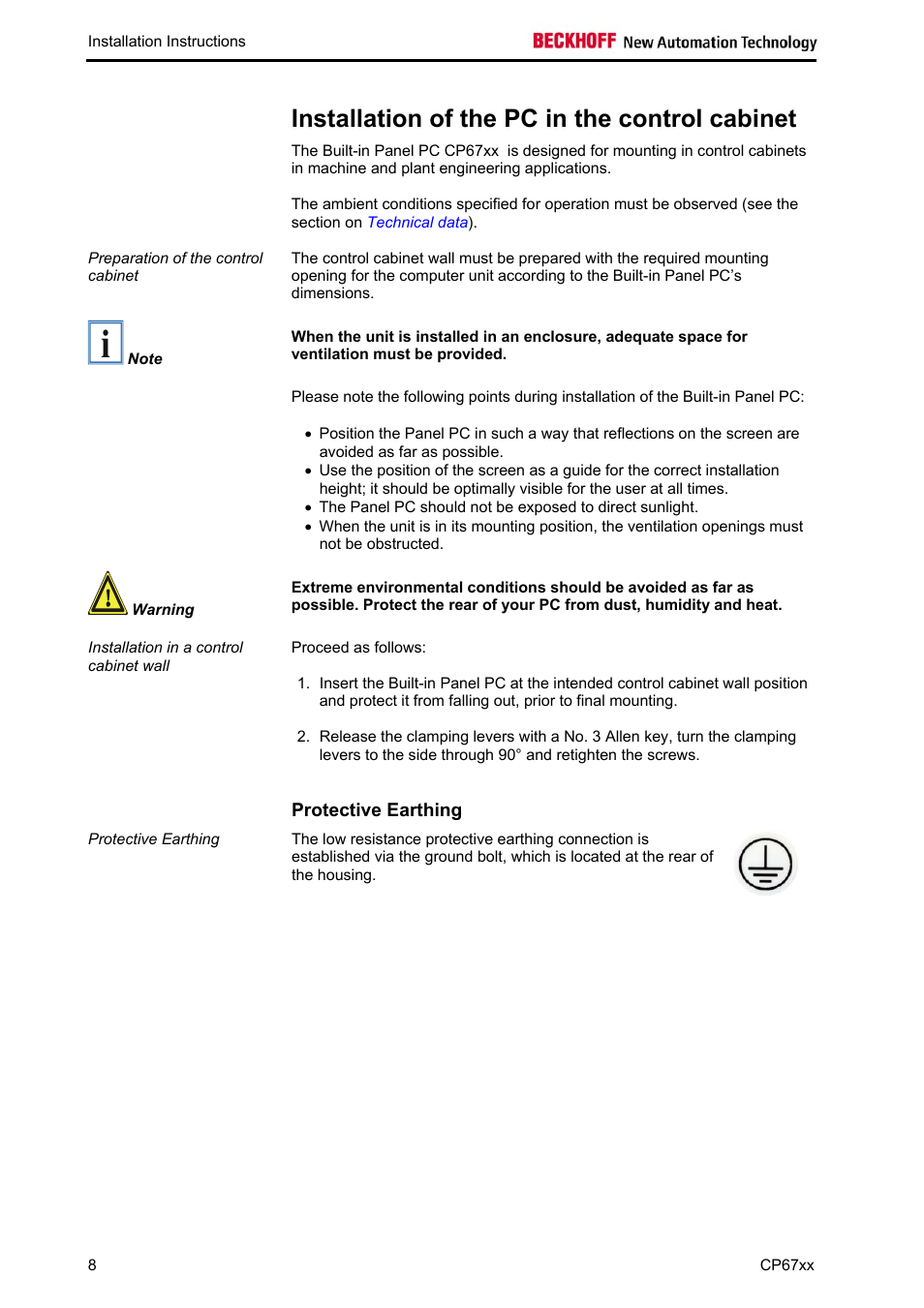 Installation of the pc in the control cabinet, Protective earthing | BECKHOFF CP67xx User Manual | Page 10 / 21