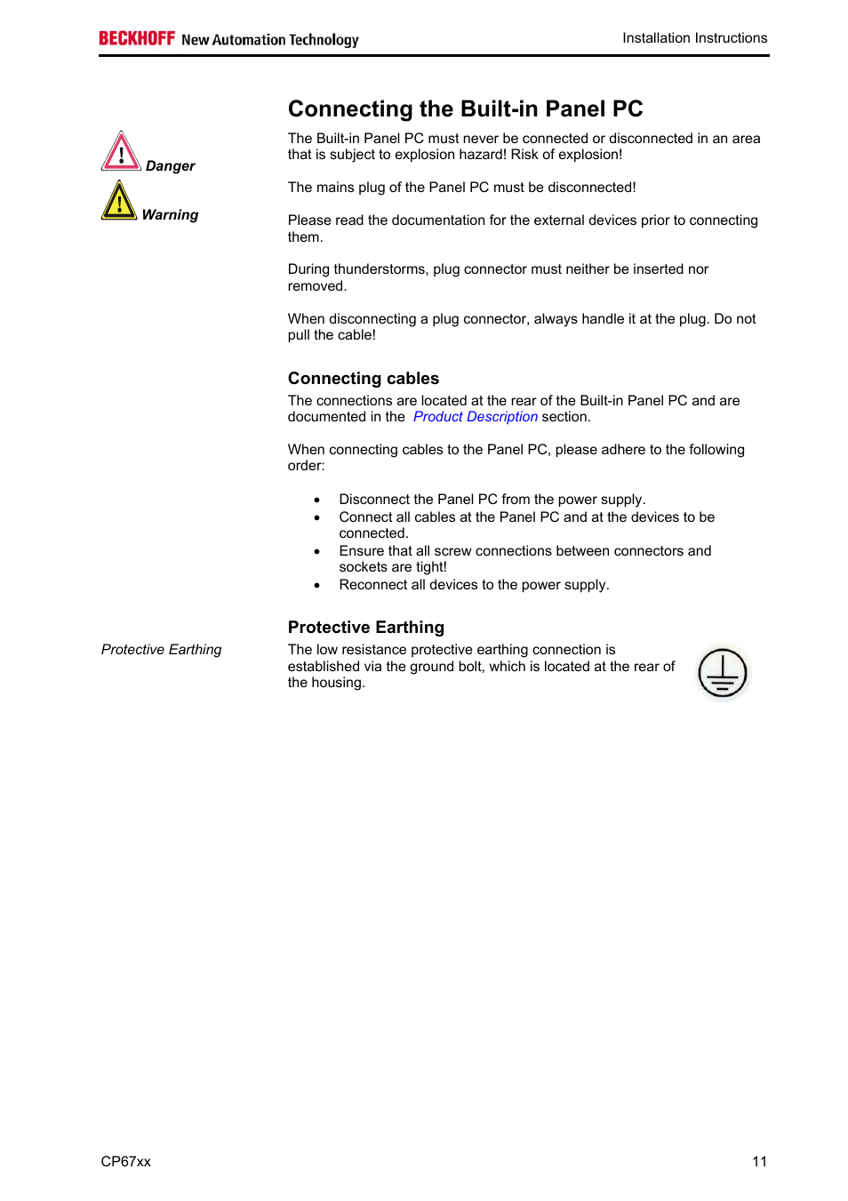 Connecting the built-in panel pc, Connecting cables, Protective earthing | BECKHOFF CP67xx User Manual | Page 13 / 21