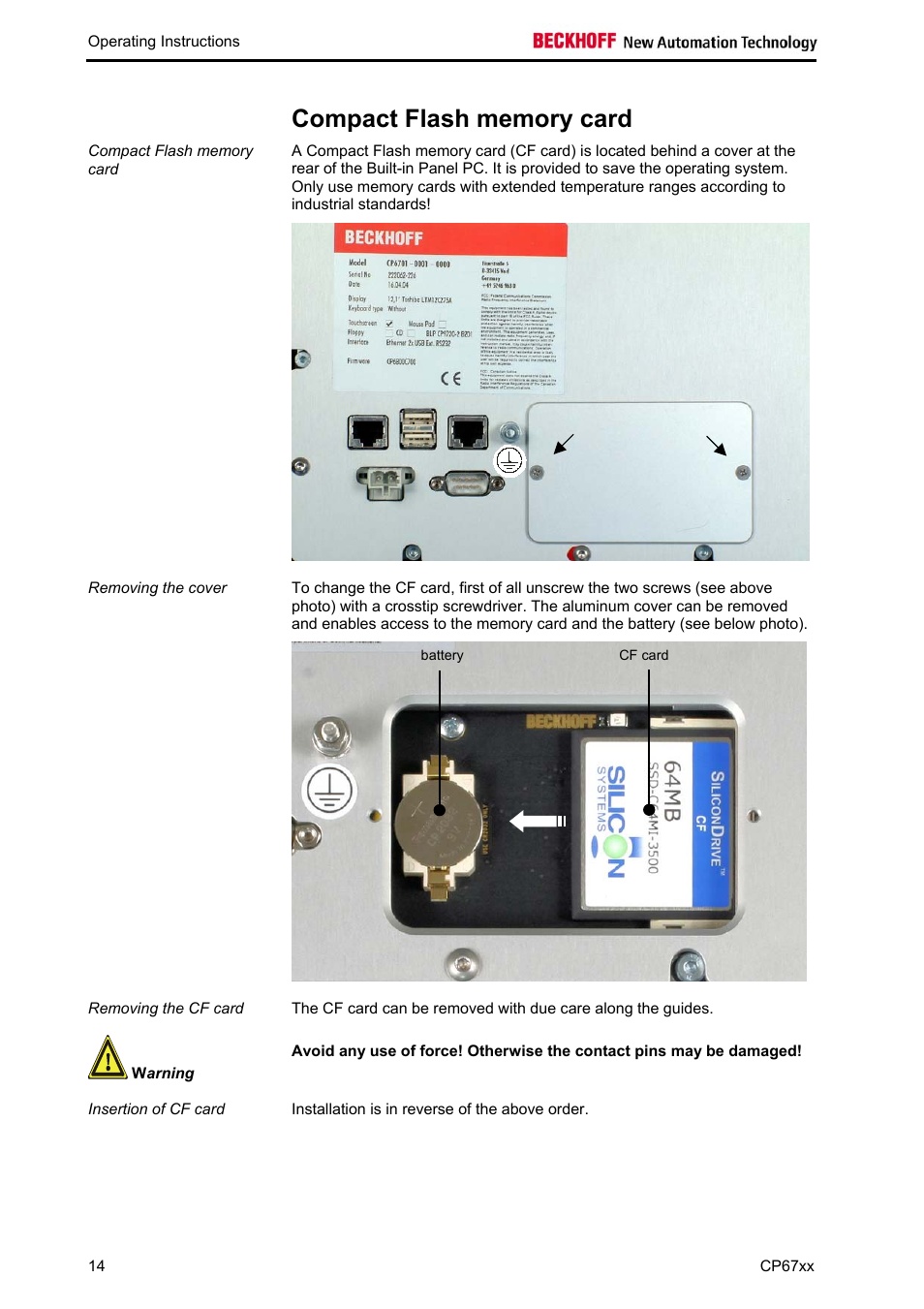 Compact flash memory card | BECKHOFF CP67xx User Manual | Page 16 / 21