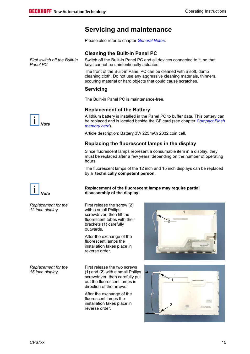 Servicing and maintenance, Cleaning the built-in panel pc, Servicing | Replacement of the battery, Replacing the fluorescent lamps in the display | BECKHOFF CP67xx User Manual | Page 17 / 21