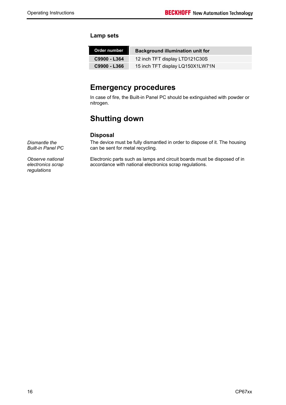 Lamp sets, Emergency procedures, Shutting down | Disposal | BECKHOFF CP67xx User Manual | Page 18 / 21