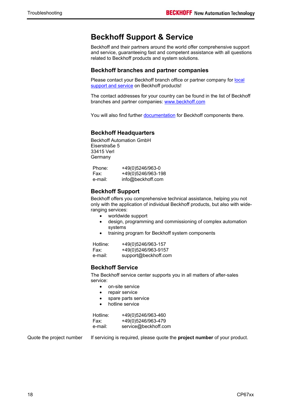 Beckhoff support & service, Beckhoff branches and partner companies, Beckhoff headquarters | Beckhoff support, Beckhoff service | BECKHOFF CP67xx User Manual | Page 20 / 21