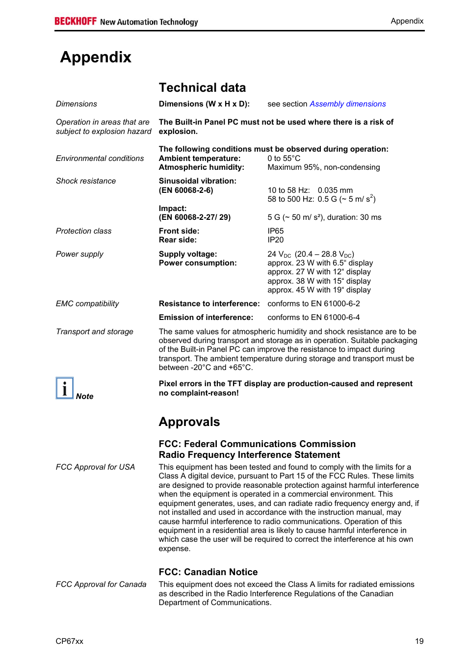 Appendix, Technical data, Approvals | Fcc: canadian notice, Appendix 19, Approvals 19, Must be observed (see chapter, Technical, Data | BECKHOFF CP67xx User Manual | Page 21 / 21