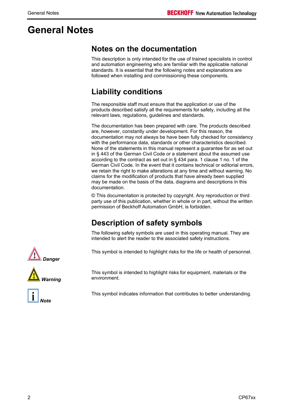 General notes, Notes on the documentation, Liability conditions | Description of safety symbols | BECKHOFF CP67xx User Manual | Page 4 / 21