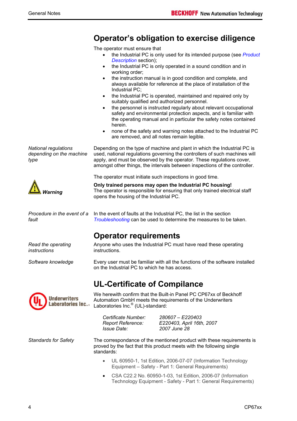 Operator’s obligation to exercise diligence, Operator requirements, Ul-certificate of compilance | BECKHOFF CP67xx User Manual | Page 6 / 21