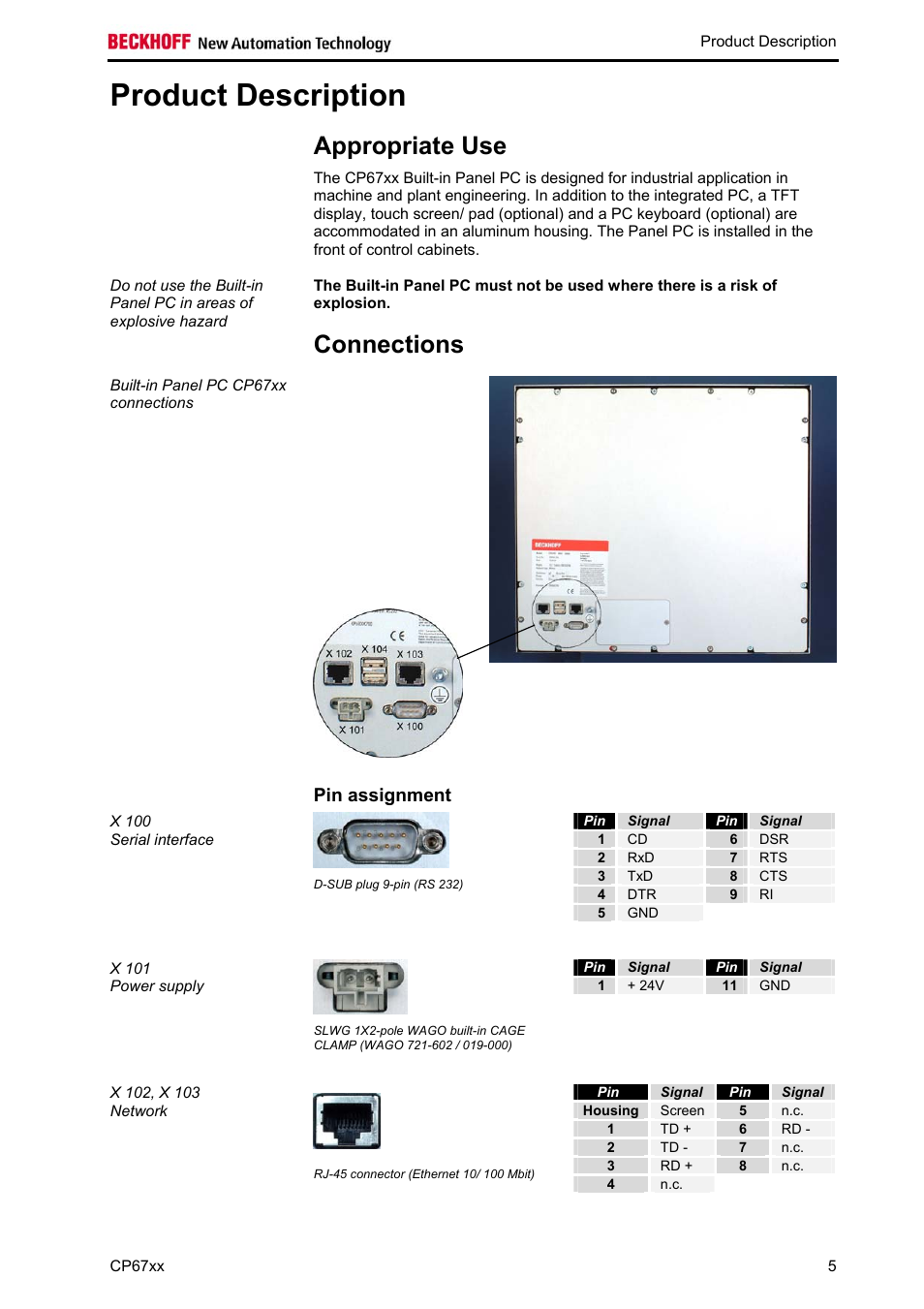 Product description, Appropriate use, Connections | Pin assignment, Signal, Connections 5, Product, Description, Sect | BECKHOFF CP67xx User Manual | Page 7 / 21